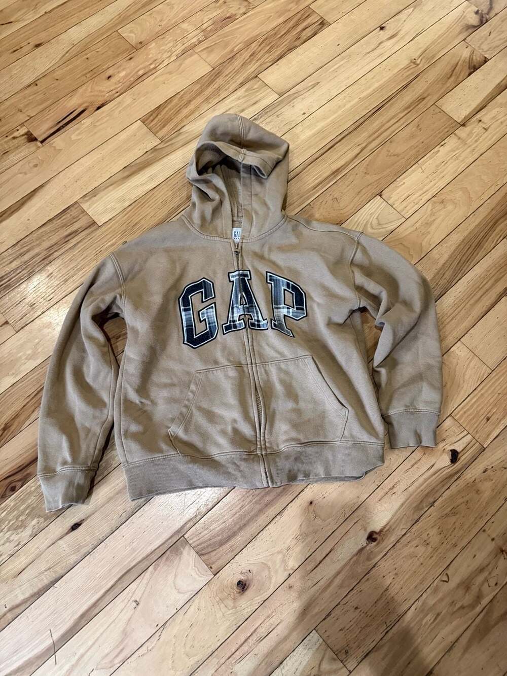 Gap Kids Logo Zip Hoodie Size XL Brown Plaid Arch Logo